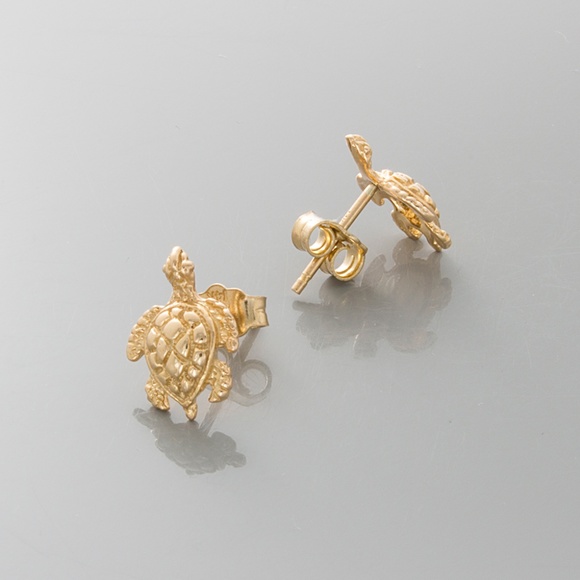 14k Yellow Gold Nautical Mini Sea Turtle Post Earrings w Push Friction Back - Picture 5 of 9